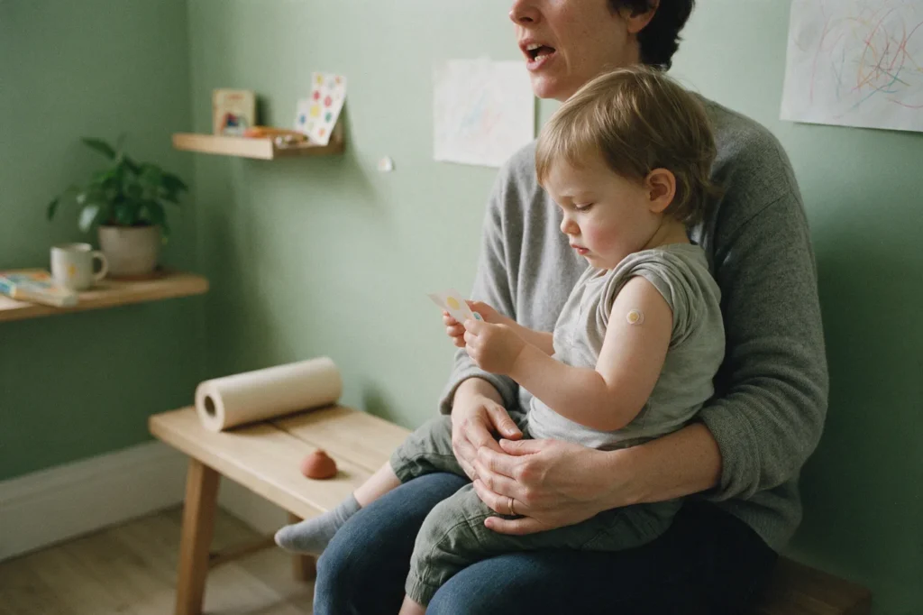 A parent holding a toddler who has a small plaster on the arm and is looking at a sticker, in a Sagebrook exam room