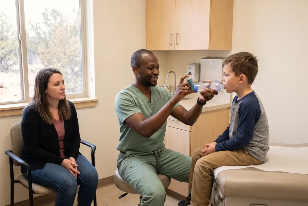Dr. Marcus Whitfield holds an inhaler and spacer steady while a school-age boy practices breathing in through the mouthpiece