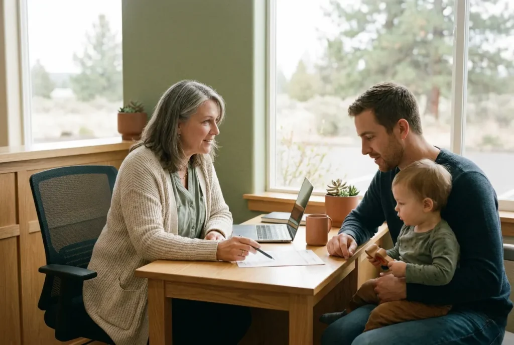 Our billing manager points to a line on a printed statement while a father, with his toddler on his lap, follows along at a desk by the window