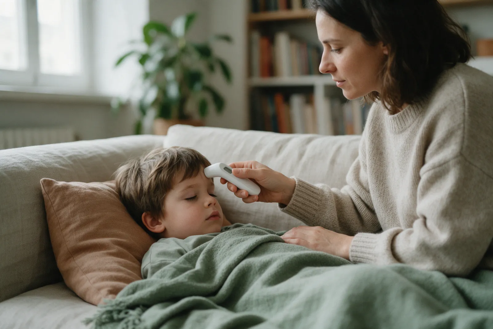 A mother in a knit sweater checks her sleepy son's temperature with a forehead thermometer on the sofa