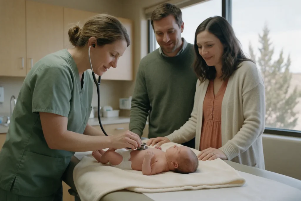 A nurse practitioner in sage scrubs listens to a newborn's heart with a stethoscope while the parents stand beside the exam table