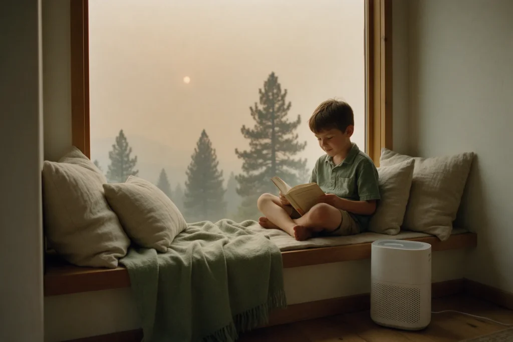 A boy reads on a window seat indoors beside a home air purifier while the sky outside is hazy with wildfire smoke