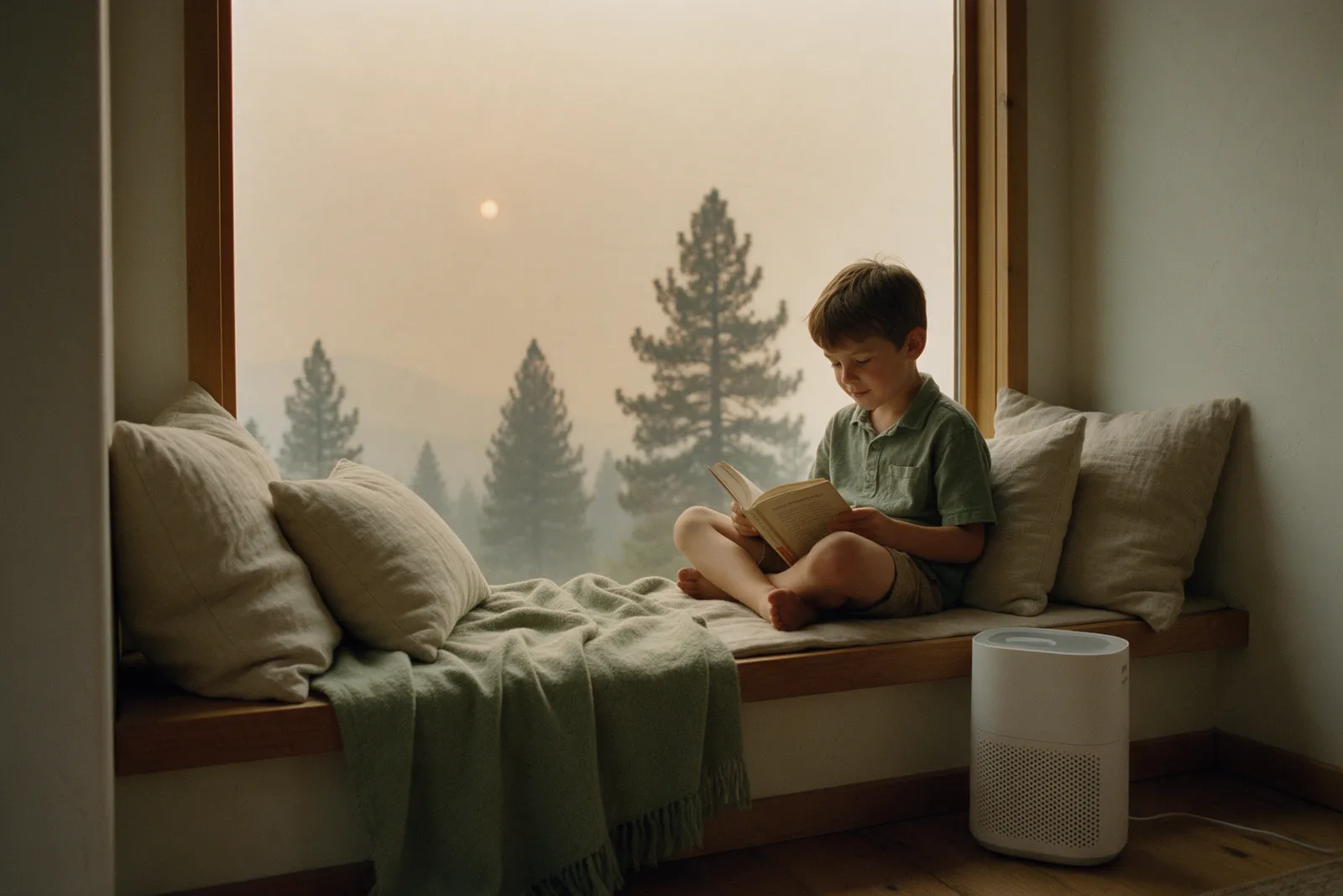 A boy reads on a window seat indoors beside a home air purifier while the sky outside is hazy with wildfire smoke
