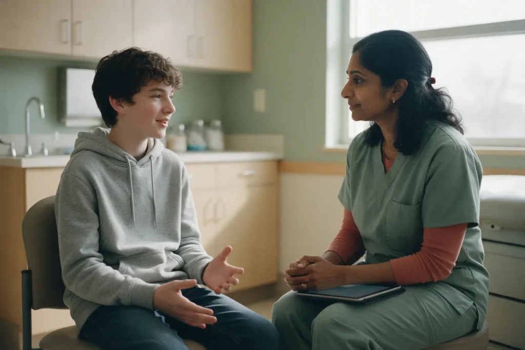 A teenager in a grey hoodie talks with a pediatrician in sage scrubs, both seated at eye level in a calm exam room