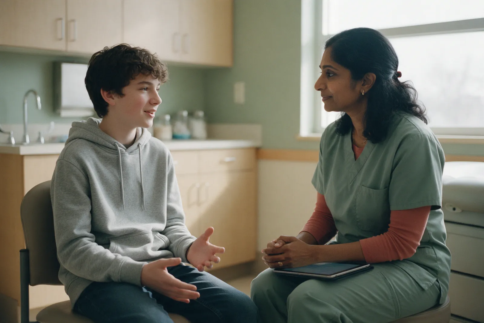 A teenager in a grey hoodie talks with a pediatrician in sage scrubs, both seated at eye level in a calm exam room