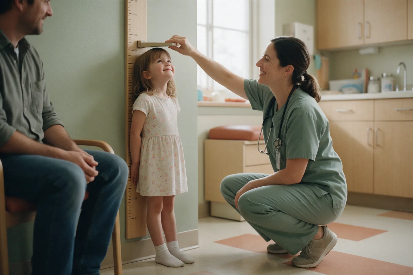 A pediatrician in sage scrubs measures a smiling four-year-old girl against a wooden height chart while her father watches