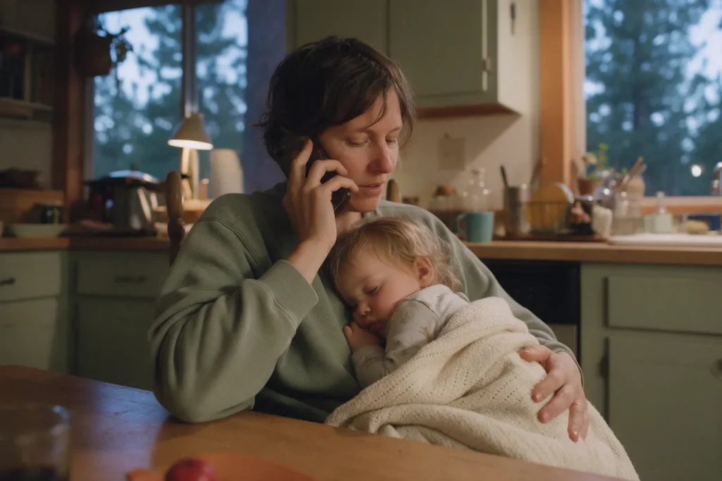 A parent on the phone at the kitchen table in the evening, holding a sleepy toddler wrapped in a blanket
