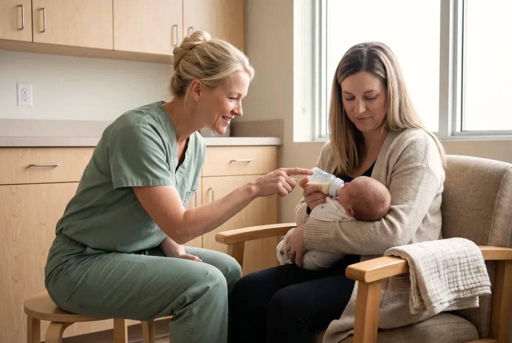 Tessa Lindqvist, a nurse practitioner and lactation consultant in sage scrubs, guides a new mother as she bottle-feeds her one-week-old baby