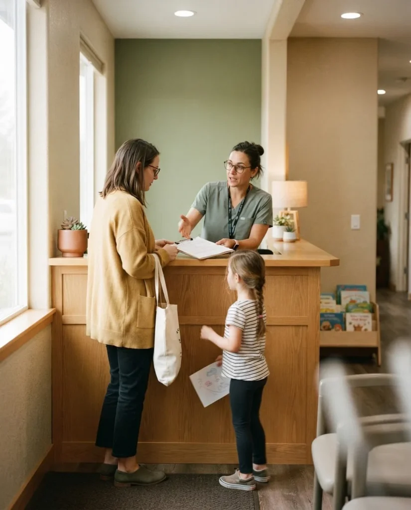 A parent and a school-age child at the Sagebrook Pediatrics reception desk, morning light through a tall window