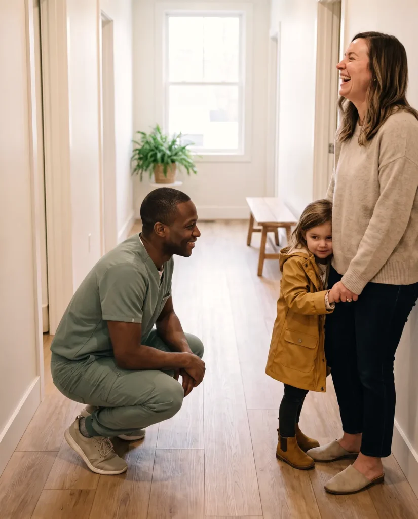Daniel Obeng, a physician assistant in sage scrubs, crouches to say hello to a shy little girl in a yellow raincoat holding her mother's hand
