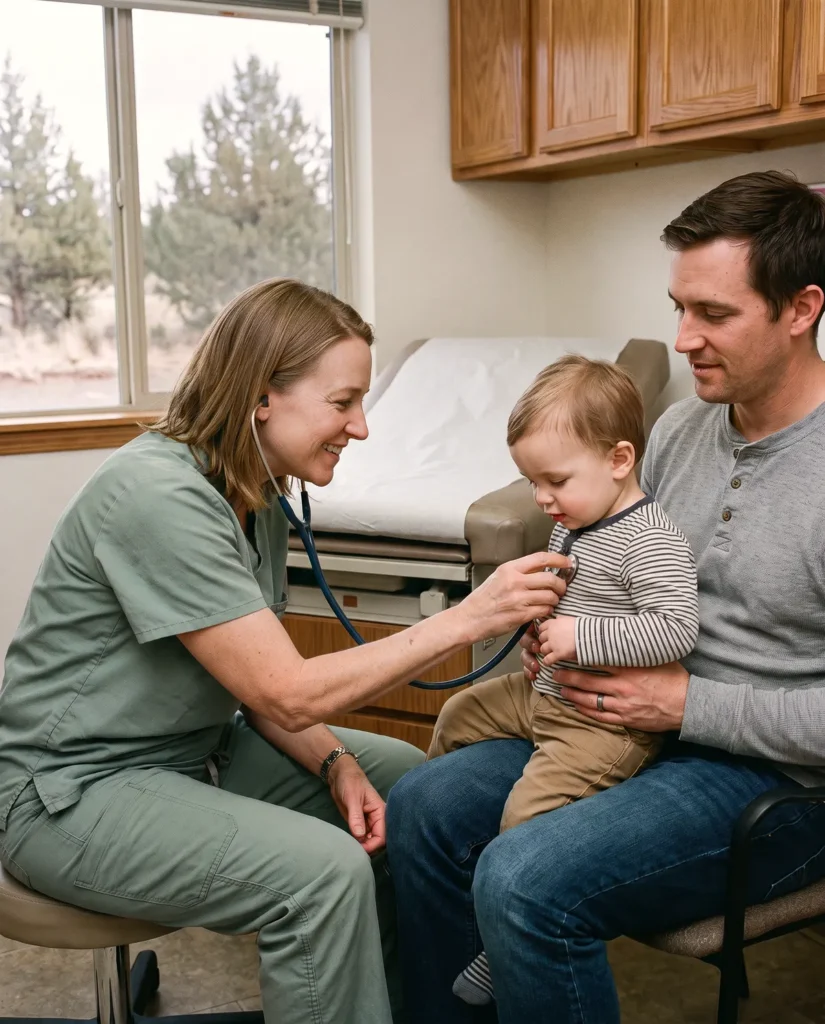 Naomi Kestrel, a pediatric nurse practitioner in sage scrubs, listens to a toddler's chest with a stethoscope while he sits on his father's lap