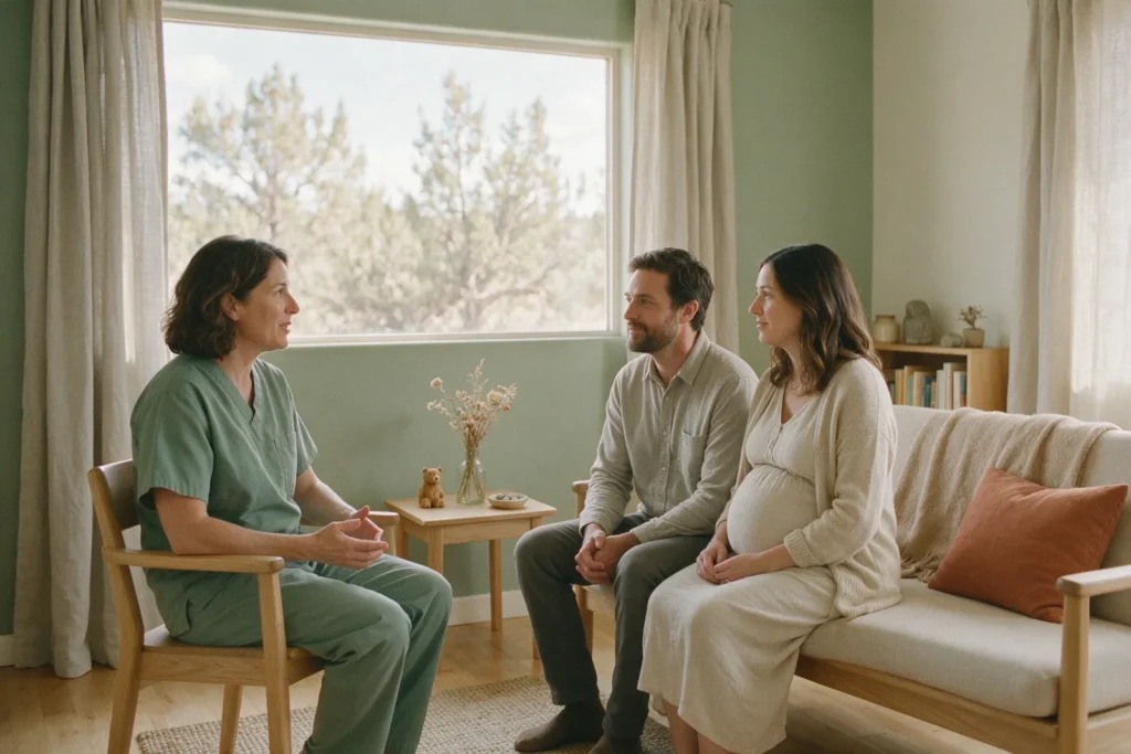 A pediatrician in sage scrubs talking with two expectant parents in a bright consultation room