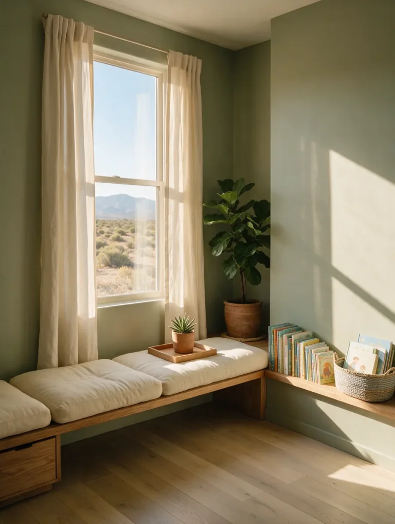 The Sagebrook Pediatrics waiting area: oak bench seating, a shelf of picture books and morning light
