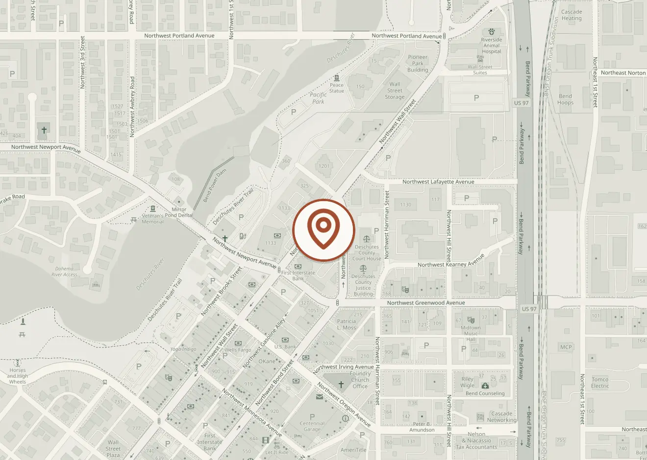 Map of downtown Bend with a pin on 1174 NW Wall Street